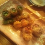 funky 原田 GT - 肉巻串 ニンニク芽とのり ２００円。ピーマンモッツァレラ ２３０円。うずら １５０円。ハンペンチーズめんたいこ ２００円。