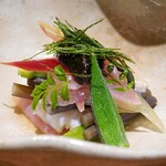 肉割烹 上 - トリ貝と昆布〆の金目鯛