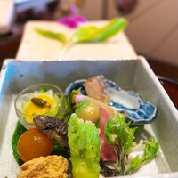 比良山荘 - 八寸→鮎のなれずし、もろこ、うどの木の芽あえ、卵黄の味噌漬け、たらの芽とこしあぶらの天ぷら、鯉の卵をたいたもの。