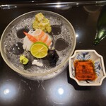 日本料理 晴山 - 造里　車海老 アオリイカ マコガレイの味噌漬け