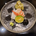 日本料理 晴山 - 造里　車海老 アオリイカ マコガレイの味噌漬け