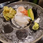 日本料理 晴山 - 造里　車海老 アオリイカ マコガレイの味噌漬け