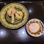 日本料理 晴山 - 伝助穴子のあおさ揚げ 谷中生姜 出汁入り温泉卵