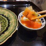 日本料理 晴山 - 伝助穴子のあおさ揚げ 谷中生姜 出汁入り温泉卵