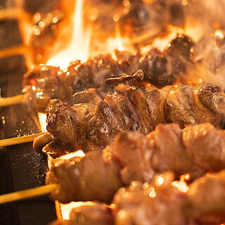 Exquisite Yakitori (grilled chicken skewers) carefully grilled over binchotan charcoal