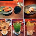 くろべい - お通しの鳥皮餃子が美味い！もっと食べたかった！下段中央のくろべいハイはちょっと罰ゲーム的・・・