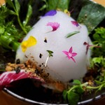 メゾン ケイ - 野菜のスペシャリテ
      
      レモンの泡の下は、マヨネーズ味のドレッシングと、たっぷり野菜。
      全部かきまぜて食べて下さいとのことで、そのようにして頂きましたが、正直、マヨネーズの味しかせず、つらかったです。