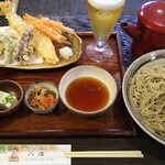 手打ちそば 八溝 - あなご天セット(大盛)+ビールとお通し