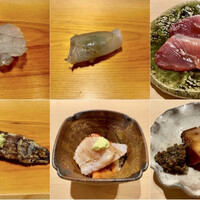 すが弥 - 酒菜：こち２種 鰹 子持しゃこ 金目鯛と雲丹のご飯 あん肝の甘辛煮と稚鮎の山椒煮のたたき