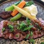 SORANO ROOFTOP BAR - 牛ステーキ
            付け合わせ世お野菜が甘くて美味しかった！