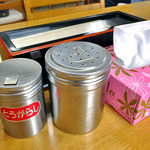 Kenchan Ramen - 卓上に常備された調味料類