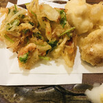 季節料理と静岡おでん しんば - 「生桜海老かき揚げ」＆「天然真鯛白子天ぷら」