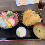 海鮮亭 高はし - 三色丼とアジフライセットご飯大盛り1200円