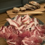 Assortment of two types Prosciutto: “Capo” (neck meat) and “Guanciale” (cheek meat)
