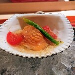 寿し道 桜田 - 大阪の赤貝、ウルイ、トマトにレモンライムのジュレ