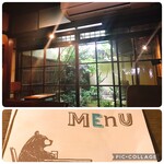 cafe marble  仏光寺店 - 中庭が趣のある古民家カフェです（上）。メニュー（下）にはお見せの看板ベアー。