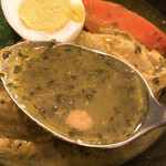 kanakoのスープカレー屋さん - 【2021年05月】パクチーグリーンのチキンカレー＠1,250円、スープは固定（グリーンスープ20番程度）、 ライス普通200ｇ、スープアップ。