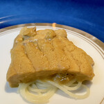 蒼 - 唐津 赤ウニと青森北紫ウニの冷製フェデリーニ
      シェフがおっしゃるには、フェデリーニが主役ですと！！
      銚子の蛤の出汁で茹でたパスタに蛤の味が浸透してます。
      まだ序盤、ボリュームもこの位が丁度良いです♪