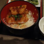 和菜房 the kitchen 晴 - 「和菜房 the kitchen 晴」の「冷しそばセット」。ソースかつ丼のご飯へのソースのかかり方（ピンボケ）