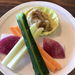 Nihonshu Baru Nomae - 半分おまかせ３８５０円。野菜ディップ。南山寺味噌とマヨネーズの組み合わせが絶妙です（╹◡╹）