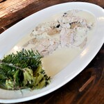 ラ・カーサ・ディ・テツオ オオタ - 『唐松新芽の岩魚蒸し焼きとサワークリーム、よもぎのペリメニ』