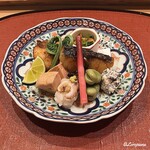 御料理 寺沢 - とり貝のにぎり､鮟鱇の肝､河豚の唐揚､海鞘と野蜀葵の酢物､鰆焼､香茸白和え､蚕豆､屈み､薑生姜