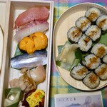 銀座 鮨 たじま - 左一番手前の錦糸卵が載ってるやつが、美味しかったです、ウニもコハダも美味しかったです。つまり全部美味しかったですw