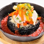 Grilled squid ink risotto ~Sauteed squid and peperonata with garlic~