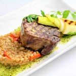 Slowly grilled thick-sliced Cow tongue tongue served with spelled risotto ~wasabi salsa verde~
