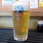 やきとり・ホルモン串　もりしん - 記念すべき再開第一発目の生ビールです