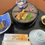Soba An Shiduka Tei - フキの胡麻和え、筍土佐煮、あさつきと味噌、岩手県産ホタテとわさび和え