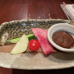 蔵の庄 - お通し。きゅうり、トマト、水茄子、カブ。