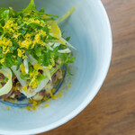 Musai An Ikeda - Marinated Horse Meat with Egg Yolk and Fish Sauce, Spring Truffle, Wild Herbs, Salted Egg Yolk, Homemade Sunki Powder (Chef's Omakase Course)