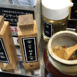 Tsukemen Ichimaruni - 卓上調味料。胡椒、柚子八味、フライドオニオン、酢