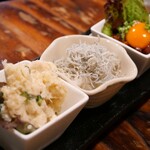 Uozu Man - おつまみ3てん盛 ポテトサラダ、しらすおろし、鮮魚のユッケ
