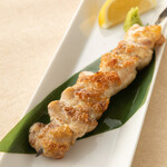 Oyamadori, large skewer of salt-grilled chicken, served with wasabi