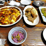 よし半 - 豚玉 ＆ 鶏唐揚げ ＆ 焼きナス ＆ かきのもとのおひたし