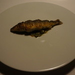 Restaurant Satoshi.F - 子持ち鮎の焼き（中骨を抜き、すり潰して戻し、タデの葉で巻いたのを揚げ、蒸し焼きと三種類の火入れをして）ソースは、塩揉みした胡瓜、湯むきして包丁で叩いたフルーツトマト、太白胡麻油とともにすり潰したタデ入
