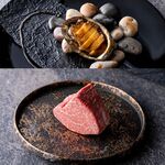 渋谷鉄板焼きOKANOUE - 上から鮑の鉄板焼、シャトーブリアン