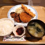 れすとらん ふるさと - 日替わりランチ。今日はスパイシーチキン、メンチカツ、イワシフライ。(2021.6.10)