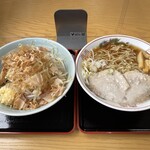 ラーメン もっけだの - 汁なし普通ヤサイマシニンニク×中華そば普通こってり