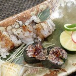 ぼちぼち - 炙り鱧、炙りなめろう巻