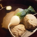 土家 - 24年10月　蕎麦がき椀　秋刀魚つみれ、冬瓜、蕪、間引き菜