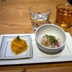 めん、色いろ。いつでも、おやつ。 - 大葉と梅とじゃこのご飯、かぼちゃモンブラン、茎ほうじ茶