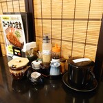 Tonkatsu Niimura - 卓上調味料。ドレッシングは青しそと胡麻の2種類を用意。