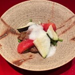 もちづき - 宮崎牛、泉州の水茄子、フルーツトマト、玉ねぎドレッシング