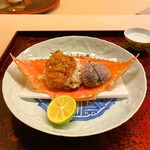道人 - 甲羅返しの上は渡り蟹の飯蒸しと丹波栗の餅粉揚げ
