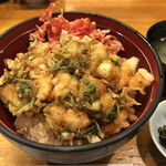 天秀 - かき揚げ丼 海老と小柱と三つ葉に紅生姜のかき揚げ