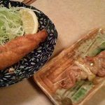 焼鶏館 - アジフライとせせり串です。