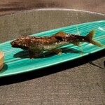 菅井 - 【焼き物】活鮎塩焼きたで酢で、食用ほうずき